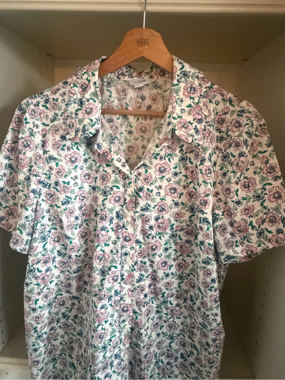 J. Crew White Short-Sleeve Button-Down with Pink Floral and Green Leaves